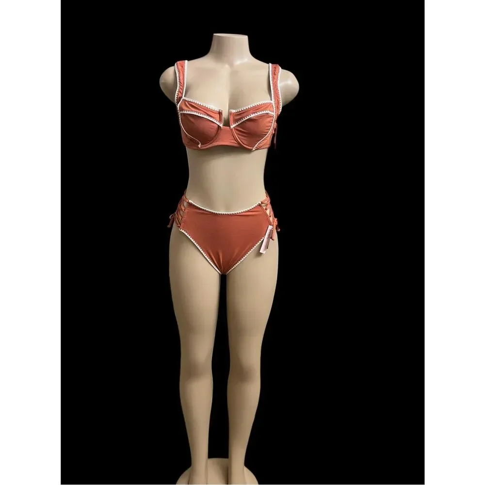 Victoria Secret Rust Orange High-Waist Lace-Up Bikini Set 38 B Top/Medium Bottom